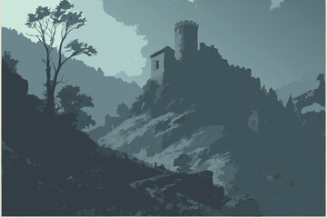 27 medieval castle ruins on a foggy mountain, dramatic sky with clouds, epic moody landscape, cinematic lighting, highly detailed, photorealistic, 8k © Manik Mia