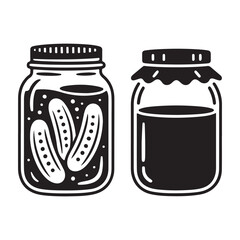 Black Vector Silhouettes of Pickle Jars and Preserved Food Containers
