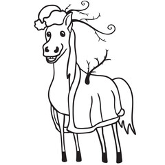 Simple vector line art: festive horse wearing a Santa hat, designed with playful details and bold outlines. Perfect for coloring books and holiday-themed projects