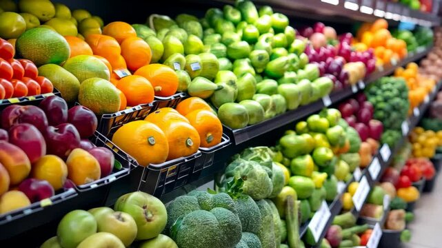 A fruit and vegetable display in a grocery store. The display is full of fresh produce, including apples, oranges, and broccoli. The bright colors of the fruits and vegetables create a cheerful