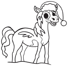 Simple vector line art: festive horse wearing a Santa hat, designed with playful details and bold outlines. Perfect for coloring books and holiday-themed projects