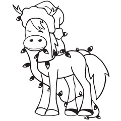 Simple vector line art: festive horse wearing a Santa hat, designed with playful details and bold outlines. Perfect for coloring books and holiday-themed projects