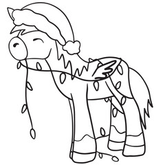 Simple vector line art: festive horse wearing a Santa hat, designed with playful details and bold outlines. Perfect for coloring books and holiday-themed projects