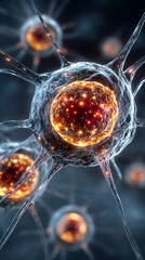 A 3D rendering of a human or embryonic stem cell under a microscope, undergoing cell separation through mitosis and meiosis. The cell division processes are depicted against a bright white-toned backg