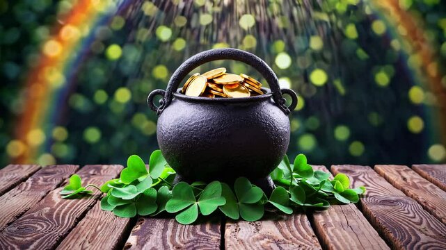 Magical cauldron of gold coins on clover deck with rainbows and bokeh lights