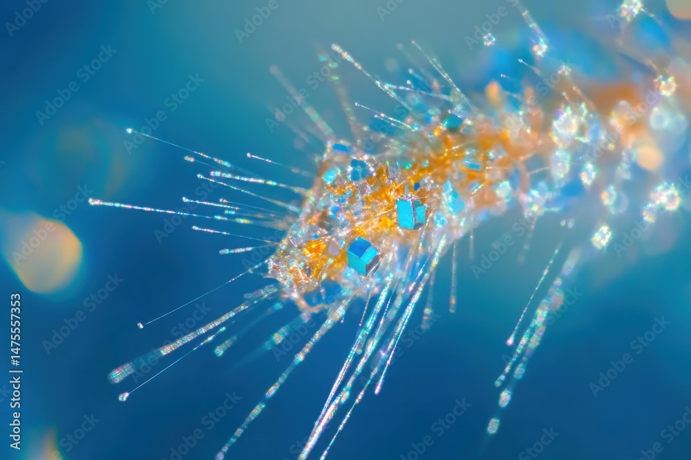 Aufkleber Sparkling crystal reflection with vibrant colors and blur effect creating a mesmerizing background, Blur sparks overlay Crystal reflection Opalescent specks motion on blue background