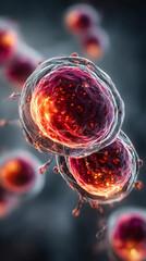 A 3D rendering of a human or embryonic stem cell under a microscope, undergoing cell separation through mitosis and meiosis. The cell division processes are depicted against a bright white-toned backg