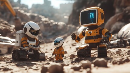 Robot and Alien Construction Workers Building a Settlement on a New Planet