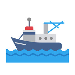 Obraz premium Fishing boat on sea waves flat vector illustration