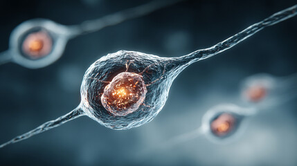 A 3D rendering of a human or embryonic stem cell under a microscope, undergoing cell separation through mitosis and meiosis. The cell division processes are depicted against a bright white-toned backg