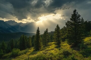 Dramatic timelapse of dark clouds and sunbeams illuminating a mountainous landscape, Dramatic timelapse of dark clouds and sunbeams in Colorado