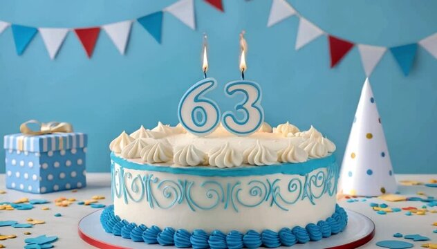 number 63 birthday cake with blue frosting and party decor in background