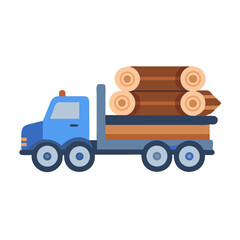 Naklejka premium Blue logging truck carrying logs, flat vector illustration