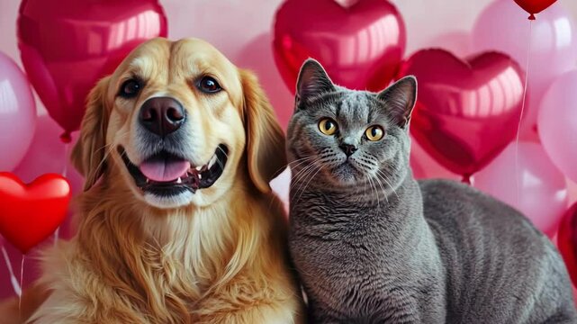 Golden retriever and gray cat posing among heart-shaped balloons in a pink backdrop. The 14th of February. Happy Valentine's Day