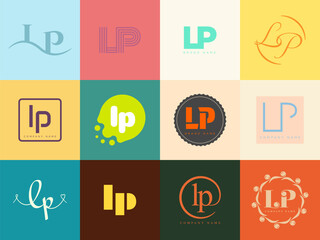 LP logo company template. Letter l and p logotype. Set different classic serif lettering and modern bold text with design elements. Initial font typography.