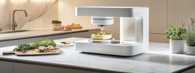 Modern kitchen featuring high-tech 3D food printer creating gourmet dish Generative AI