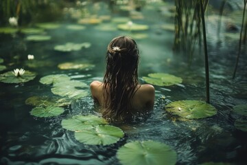 Fototapeta premium Woman enjoying a serene moment in a peaceful pond surrounded by lily pads and water lilies, VidÃ©o nature