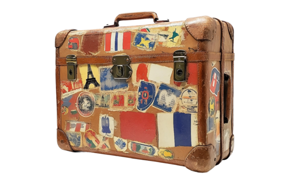 Bastille Day-themed suitcase covered in French-styled designs, perfect for traveling with patriotic flair - Powered by Adobe