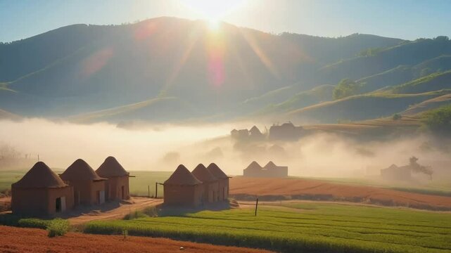 Misty sunrise over rural terracotta structures