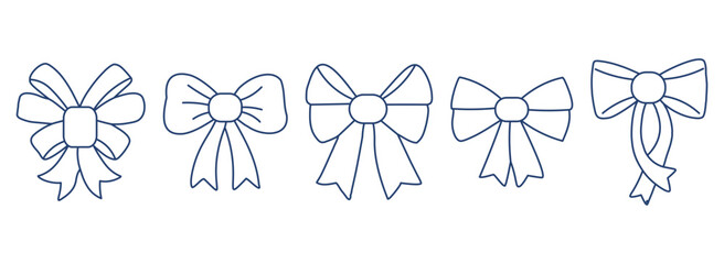 Set of hand drawn ribbons and bows. Vintage vector illustration ink style.