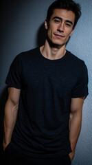 Fototapeta premium Young Athlete Portrait Energetic Man Casual Style Handsome Fitness Posing Relaxed Smile Fashion Indoors Charismatic Look Dynamic Professional Lighting Individuality Height Personality