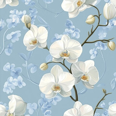 A white orchid wallpaper with lilac flowers is adorned with white patterns with leaves and a baby blue branch.