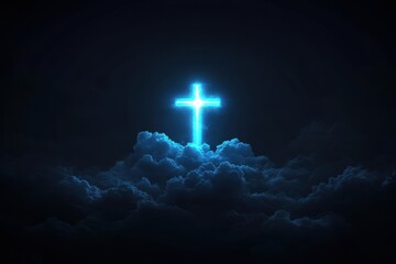 Obraz premium glowing blue cross on top of dark clouds in the sky symbolize hope or freedom, perhaps representing Jesus Christ Generative AI