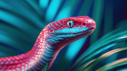 Fototapeta premium World snake day with jungle wildlife concept. Vibrant snake with colorful scales among green foliage.