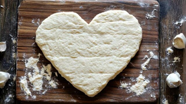Heart-shaped dough on wooden board with garlic and flour. The 14th of February. Happy Valentine's Day