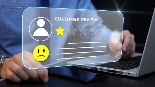Customer giving negative one-star review with sad smiley icon animation