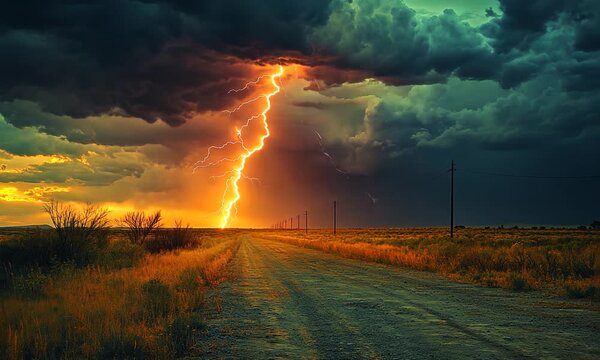 Dramatic lightning strikes illuminate a stormy sky over a desolate dirt road at sunset