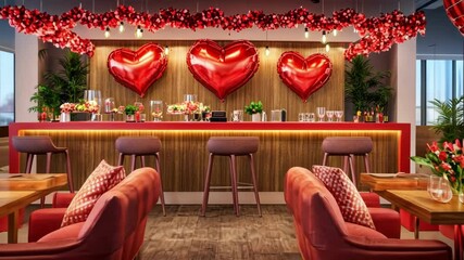 Romantic valentine's day-themed lounge with heart balloons and cozy decor. The 14th of February. Happy Valentine's Day - Powered by Adobe