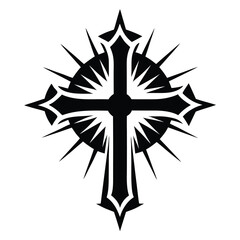 Isolated detailed black cross radiates outward with sharp spikes on a white background