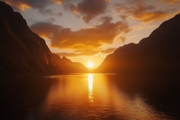 Sunset time lapse over dramatic fjord landscape with colorful skies and reflections, Sunset time lapse over dramatic fjord landscape, epic beauty ; Flam, Norway