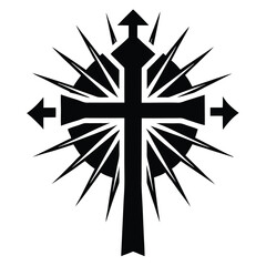 Obraz premium Black cross with light rays and arrow features stands out against a white background