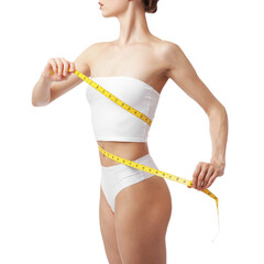 Woman with slim body and measuring tape on white background, closeup