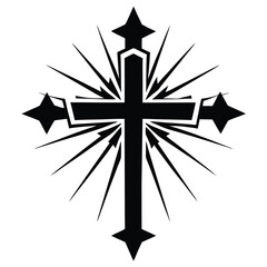 Elaborate Christian cross adorned with star shapes radiates pointed light beams in black