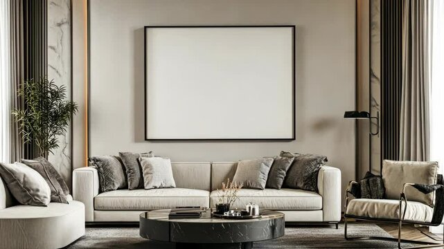 A large white wall with a black frame and a white. The room is decorated with white furniture and has a modern and minimalist style