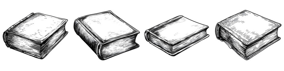 Vintage Book Sketches Set – Hand-Drawn Old Books in Different Angles for Library Branding, Educational Content, and Classic Art Projects – Isolated on transparent background