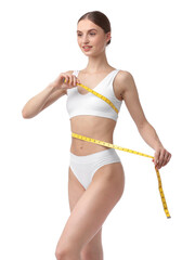 Woman with slim body and measuring tape on white background