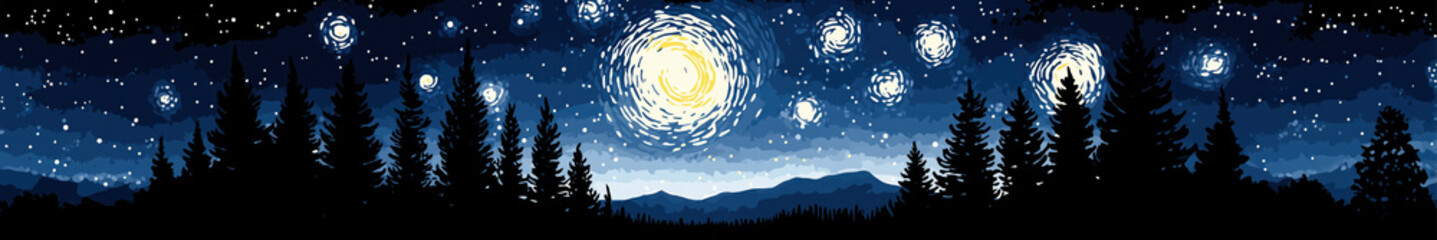 Starry Night Illustration: Moonlight Silhouette Over Mountain Landscape with Pine Trees and Twinkling Stars