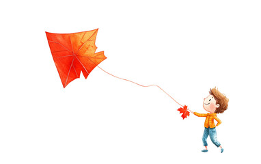 Child joyfully controlling a red kite with a maple leaf emblem soaring high in the sky during a bright sunny day