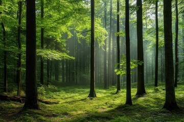 Obraz premium Misty forest clearing with tall trees and soft light filtering through leaves at dawn, Dark, misty forest with tall trees