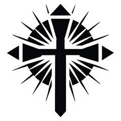 A bold cross symbol bursts with radial spikes set within a geometric circle