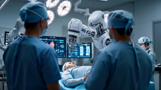 Futuristic robotic surgery scene in a high-tech operating room, advanced surgical robot performing procedure on a patient under anesthesia, two medical professionals in surgical gowns observing and gu