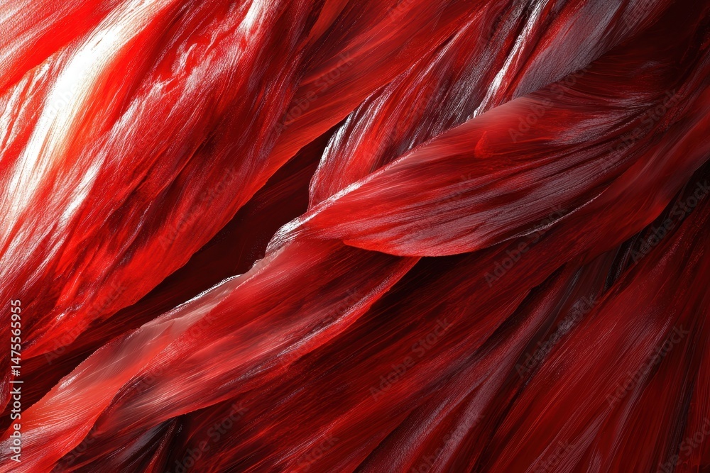Poster Abstract muscle tissue showcases intricate red fibers in dynamic patterns and flowing textures, 4K Abstract Muscle Tissue