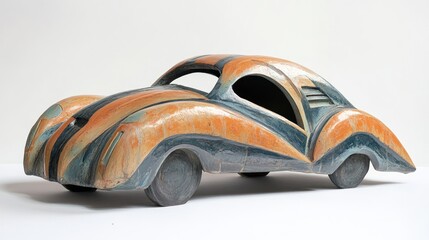 Vintage wooden car sculpture with orange and blue stripes, displayed against a plain background