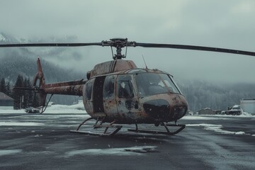 Fototapeta premium Grounded helicopter on asphalt under overcast skies in a remote location amid light snowfall, Grounded helicopter on asphalt - wide, steady cam shot