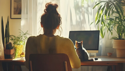 Woman with beautiful cat working at desk in room, back view. Home office