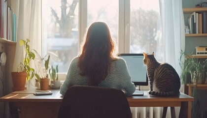 Woman with beautiful cat working at desk in room, back view. Home office